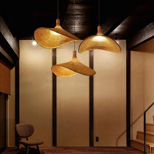 Vista 7 de Lámpara colgante de bambú, lámpara de nido de pájaro artístico, sombrero, luz colgante de techo con cable ajustable para sala de estar, comedor, bar