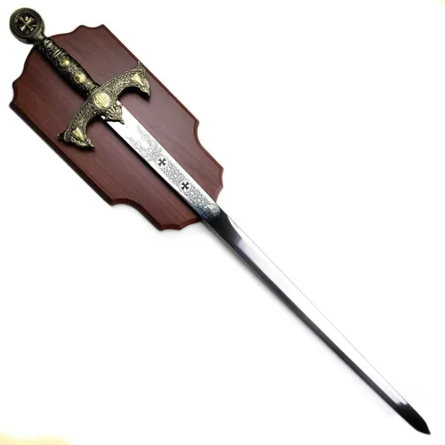 Vista 6 de Espada medieval cruzada de 45 pulgadas con placa de exhibición de pared. para decoración de pared, colección, cosplay Plateado