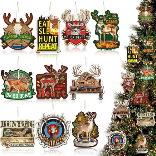 Vista 8 de Amyhill 30 adornos de árbol de Navidad de madera para caza, ciervos, caza, adornos decorativos para colgar con pistola, adorno de Navidad, bosque