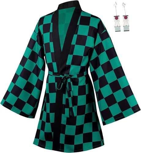 Vista 4 de Duwseal Kamado Tanjirou - Conjunto de bata para cosplay, kimono, chaqueta y aretes