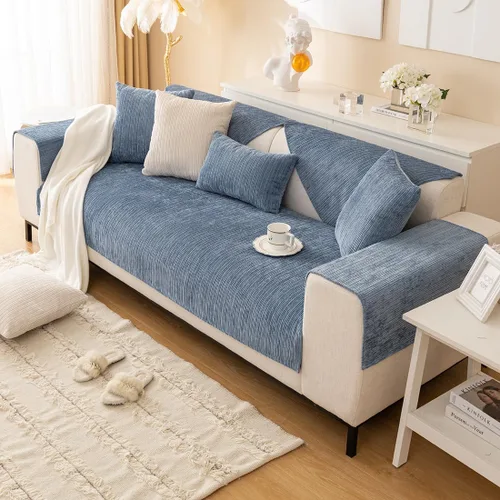 Vista 4 de vctops funda de sofá de chenilla suave con textura de tejido sólido a rayas, funda seccional para sofá lavable antideslizante para perros y Azul