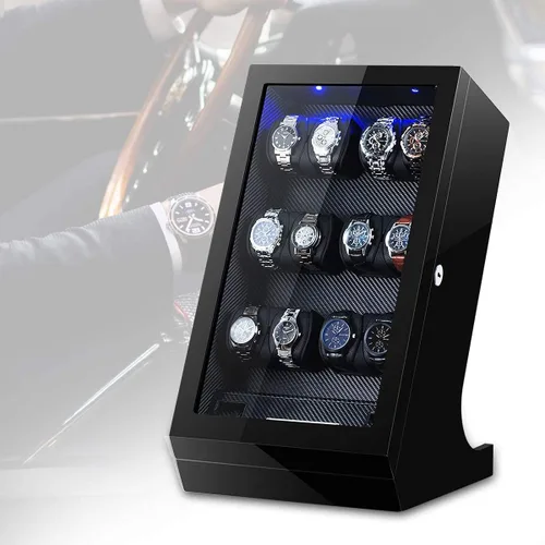 Vista 7 de TEEMING Caja de almacenamiento automática para 12 bobinadoras de relojes + 2 vitrinas de relojes, funda giratoria para relojes, motor silencioso