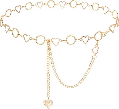 Vista 7 de Cadena de cintura de metal para mujer, cinturón de eslabones ajustables con colgante de corazones de amor Un corazón de oro
