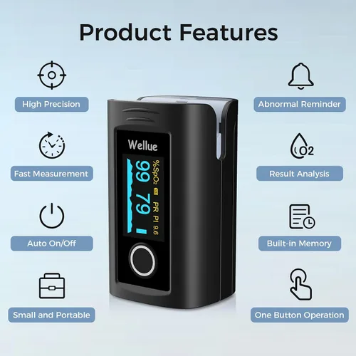 Vista 2 de Wellue - Pulsioxímetro de dedo, monitor de saturación de oxígeno en sangre con baterías, bolsa de transporte y cordón para uso de bienestar