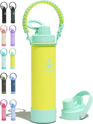 Vista 25 de Botella de agua aislada de 12 onzas con 2 tapas (tapa de popote y boquilla 2 en 1, tapa magnética), botella de agua para niños con correa, botella