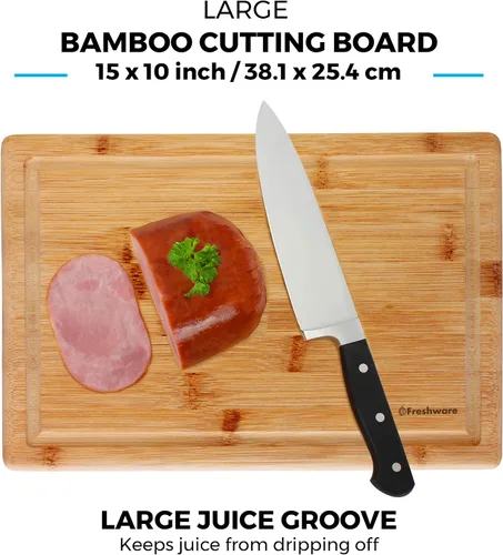 Vista 5 de Freshware Freshware - Tabla de cortar de bambú para cocina con ranura para jugos [Juego de 2] Tabla de cortar de madera para cortar carne, verduras