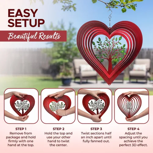 Vista 6 de Molinillos de viento de corazón para exteriores, regalos de cumpleaños para mujeres, mamá, abuela, esposa, 12 pulgadas, de acero inoxidable 3D