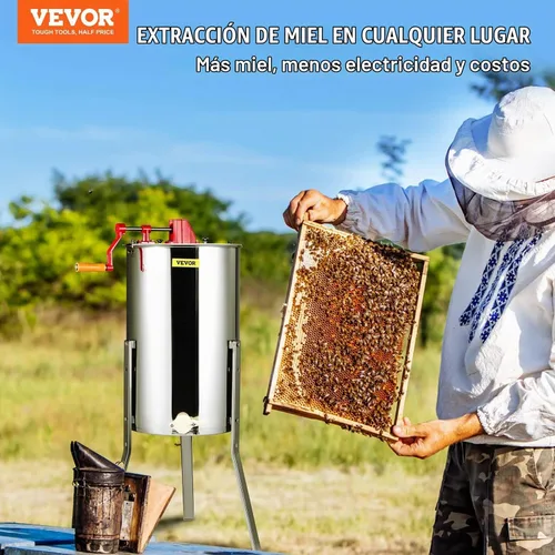Vista 2 de VEVOR Extractor de Miel de 3 Marcos, Extracción Manual de Apicultura de Acero Inoxidable, Centrifugador de Tambor de Panal con Tapa Transparente