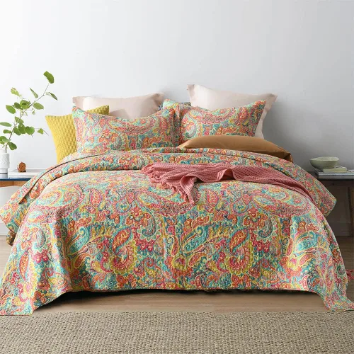 Vista 10 de ENASAL Juegos de Colchas de Algodón, Juegos de Cubrecamas Reversibles Edredón, Colcha Floral Paisley (Azul, Tamaño Queen)