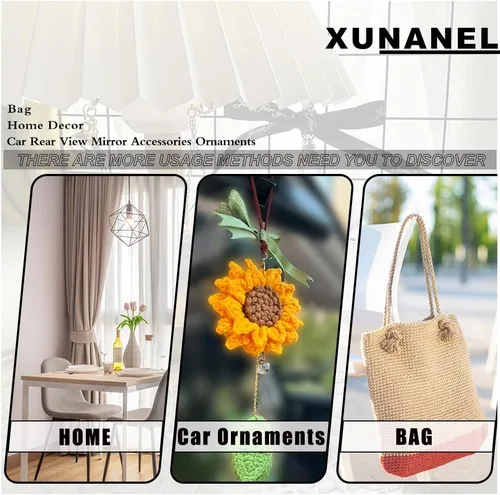 Vista 4 de Accesorios de girasol para automóvil, bonitos accesorios para automóvil, hechos a mano, de punto, espejo retrovisor, adorno colgante para tus