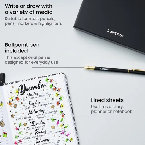 Vista 5 de ARTEZA Juego de regalo de diario, 6 x 8 pulgadas, cuaderno de 96 hojas con papel rayado de doble cara y 1 bolígrafo de tinta negra, diseño en blanco