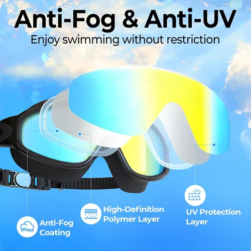 Vista 3 de VegoVia Gafas de natación para adultos, 2 unidades, antiempañamiento, vista amplia de 180°, protección UV, para piscina, para adultos, jóvenes