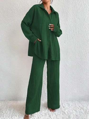 Vista 4 de Conjunto de pantalones para mujer, 2 piezas, casual, de manga larga, con botones, ropa de descanso