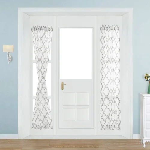 Vista 19 de NAPEARL Cortinas para puerta francesa, patrones geométricos, luz lateral para puerta delantera, lino sintético semitransparente con bolsillo Beige
