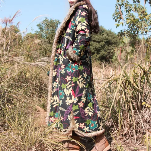 Vista 5 de LZJN - Abrigo cálido para mujer, con estampado floral, chaqueta larga de algodón y lino, vintage, con capucha, acolchado para invierno