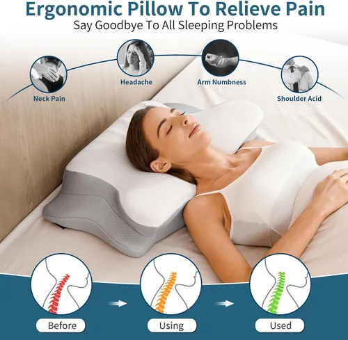 Vista 2 de Almohada cervical para el cuello para aliviar el dolor, almohadas ergonómicas de espuma viscoelástica para dormir, almohada refrescante para dormir