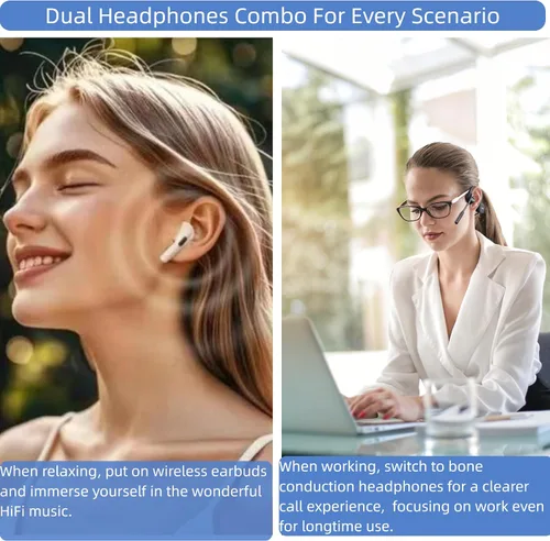 Vista 5 de Auriculares Bluetooth de conducción ósea, auriculares inalámbricos con micrófono de cancelación de ruido, tiempo de reproducción de 8 horas