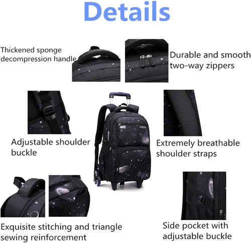Vista 5 de Mochila escolar con ruedas con estampado de galaxia para niños primarios, negro, azul, 3Pcs Rolling Backpack Set, Portátil