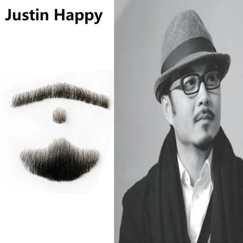 Vista 4 de Justin Happy Bigotes falsos de cabello humano a base de encaje barba falsa negro bigote falso pelo falso bigote realista disfraz de cabra falso
