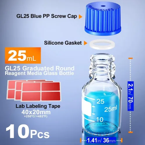 Vista 2 de GL25 - Botellas redondas de almacenamiento de medios de 0.8 fl oz con tapa de rosca azul GL25, anillo de vertido de PP y junta de silicona