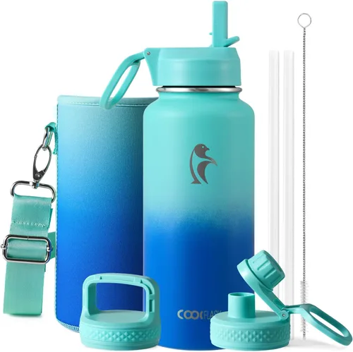 Vista 102 de Coolflask Botella de agua de 20 onzas aislada con pajilla, 3 tapas de metal de acero inoxidable, botella de agua de boca ancha para deportes u