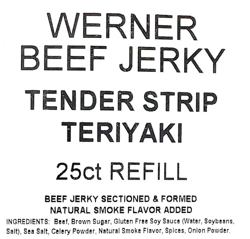 Vista 2 de Werner Tender Strips Teriyaki Beef Jerky - Paquete de 25 tiras de carne seca - Hecho en los Estados Unidos