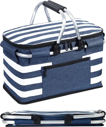 Vista 19 de Cesta de picnic aislada, bolsa enfriadora plegable, cesta de comestibles de 32 litros con tapa, 2 asas resistentes, cesta de almacenamiento
