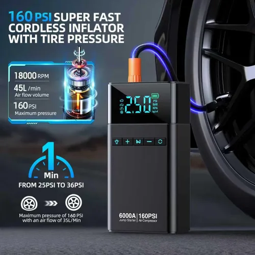 Vista 3 de 6000A batería de coche portátil arrancador con compresor de aire 160PSI 6000A-negro