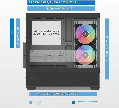 Vista 6 de SAMA V40 Mid Tower ATX Chasis – 6 × 120mm Ventiladores ARGB PWM Pre-Instalados, Paneles de Vidrio Templado Dual, Flujo de Aire Vertical, Diseño