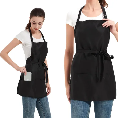 Vista 9 de Delantales para mujer con 3 bolsillos, delantal de cocina con revestimiento impermeable, delantal de chef con correa ajustable para el cuello Negro