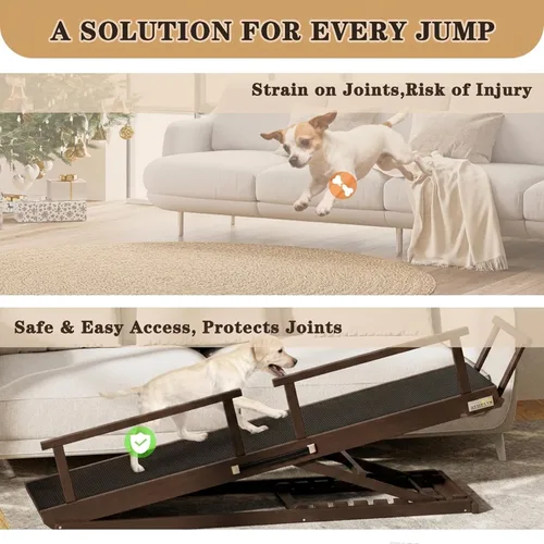 Vista 7 de Rampa para perros para cama, 7 niveles ajustables (13-37 pulgadas), rampa para perros de madera de abedul para cama alta, sofá, plegable de 60 Marrón
