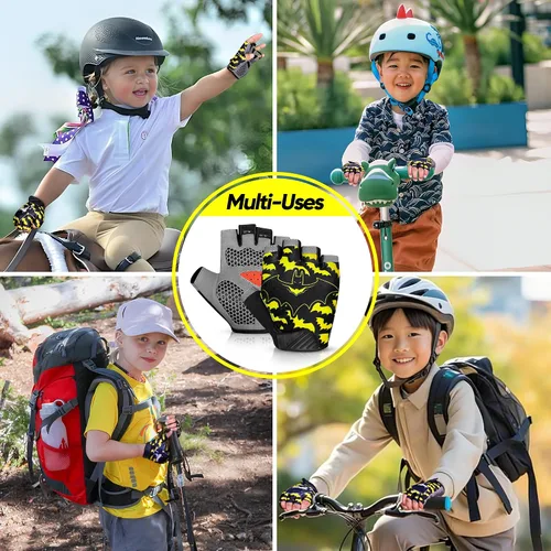 Vista 5 de Guantes de ciclismo de medio dedo para niños, antideslizantes, acolchados, antideslizantes, sin dedos, para niños y niñas, ideales para BMX, MTB