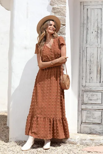 Vista 2 de PRETTYGARDEN - Vestido bohemio de manga corta con cuello en V y plumetí con volantes vestido maxi fruncido de cóctel