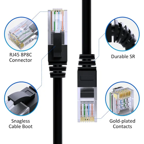 Vista 2 de Cable Ethernet Cat5e de 25 pies, cable de Internet Cat 5e largo, cable de conexión sin enganches negro, flexible, red, LAN, PoE, conector RJ45