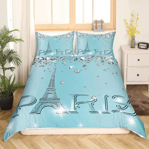 Vista 23 de Erosebridal Funda de edredón de la Torre Eiffel para niñas, juego de ropa de cama romántica de París azul, negro y blanco, funda de edredón