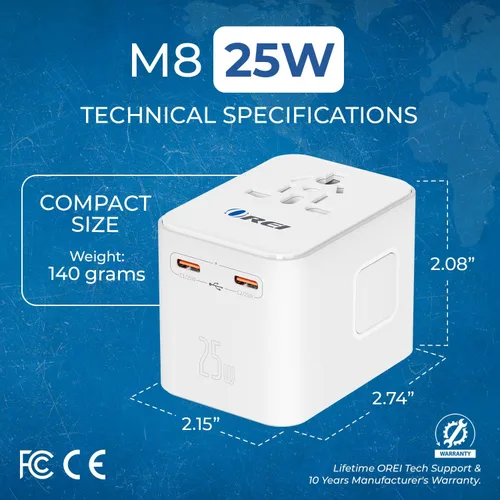 Vista 3 de OREI Adaptador de enchufe World Travel – 2 USB + 1 tomacorrientes universales – Ranuras para Europa, Asia, China, Japón, África – Perfecto