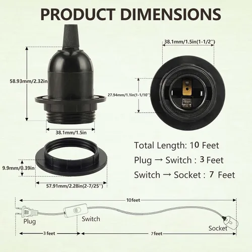 Vista 3 de Cable de luz colgante – Bombilla colgante de 10 pies con cable de enchufe – Paquete de 2 cables de lámpara E26 con cable de extensión negro, cable