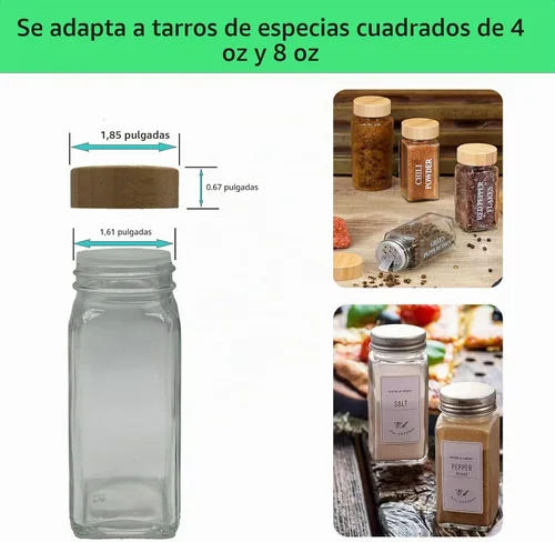 Vista 2 de 16 tapas de bambú para frascos de especias, se adaptan a recipientes cuadrados, tapas de sellado de botellas de condimento que se ajustan solo a 4