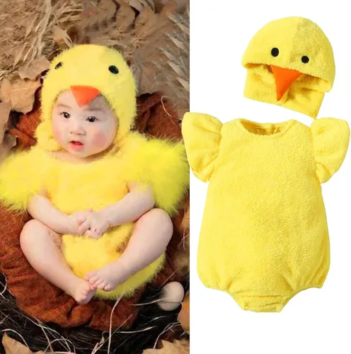 Vista 2 de FOUTTUE Disfraz de pollo para bebé, disfraz de animal de pollo, mameluco de vellón, conjunto de gorro de 9 a 12 meses, ropa para bebé niño