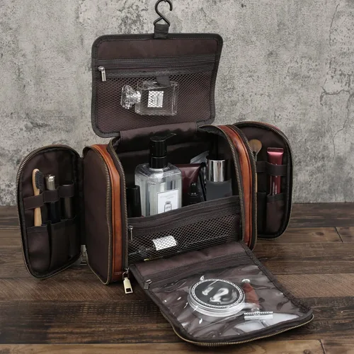 Vista 2 de Neceser para hombres y mujeres con gancho para colgar, cuero de grano completo hecho a mano, kit de viaje vintage, bolsa de cosméticos de cuero