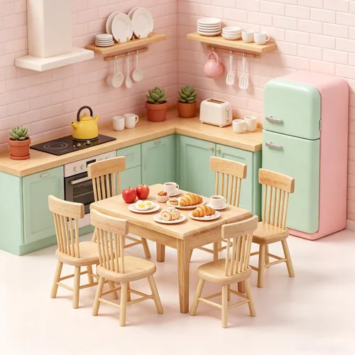 Vista 3 de Z MAYABBO Muebles de madera para casa de muñecas de mesa y silla, accesorios de casa de muñecas en miniatura para comedor, escala 1/12