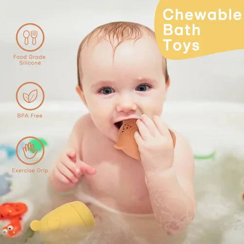 Vista 2 de Juguetes de baño de silicona, juguetes de bañera exprimibles para niños de 6 a 12 a 18 meses, juguetes de baño aptos para niños, juguetes de baby