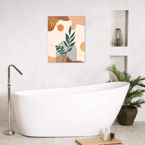 Vista 2 de MEECI Arte de pared minimalista bohemio de mediados de siglo, planta moderna con hojas verdes y doradas, lienzo botánico, arte de pared, pintura