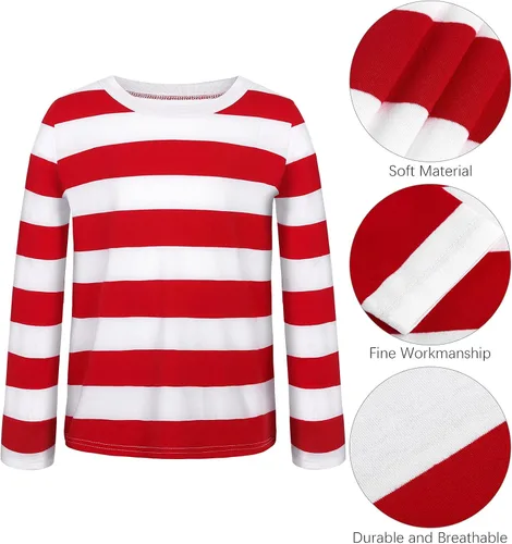 Vista 2 de URATOT Conjunto de disfraz de Halloween para niños, camiseta a rayas rojas y blancas, gorro, gafas de nerd
