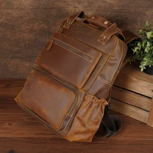 Vista 7 de TIDING - Mochila para portátil de cuero de grano completo de 15.6 pulgadas para hombre, mochila grande casual para viaje, estilo vintage, para fin