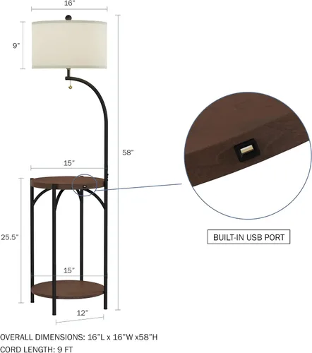 Vista 5 de Lámpara de pie con mesa auxiliar, estantes laterales rústicos modernos con puerto de carga USB, bombilla LED y pantalla en forma de tambor, luces