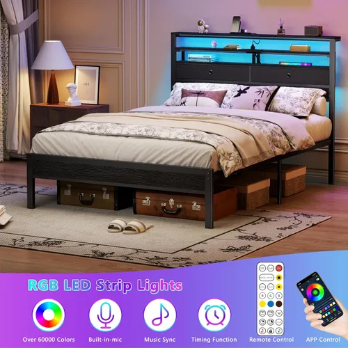 Vista 4 de Full Size Bed Frame with Headboard, 3-Tier Storage Shelves & 2 Fabric Drawers, Built-in Charging Station & RGB LED Lights, Metal Slat Support, No