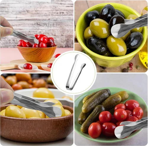 Vista 4 de Juego de 6 pinzas para servir de cocina con mango largo, tenedor para pepinillos, cuchara de aceituna con orificio de drenaje, colador de acero
