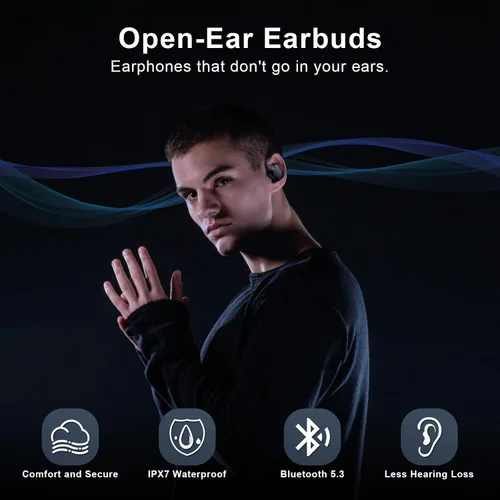 Vista 8 de Auriculares de oreja abierta, IPX7 impermeables, Bluetooth 5.3 True Wireless Sports Over Ear Auriculares con ganchos para los oídos, micrófono