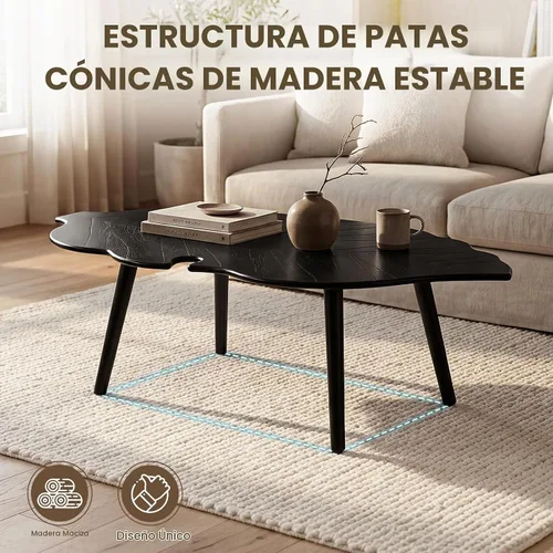 Vista 6 de DUOMAY Mesa de centro moderna en forma de hoja de mediados de siglo, mesa de centro de madera maciza para sala de estar, mesa central de madera